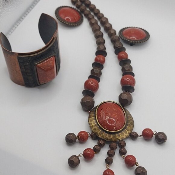 VTG Carol Dauplaise signed chunky Carnelian necklace bracelet and earring set - Picture 11 of 16